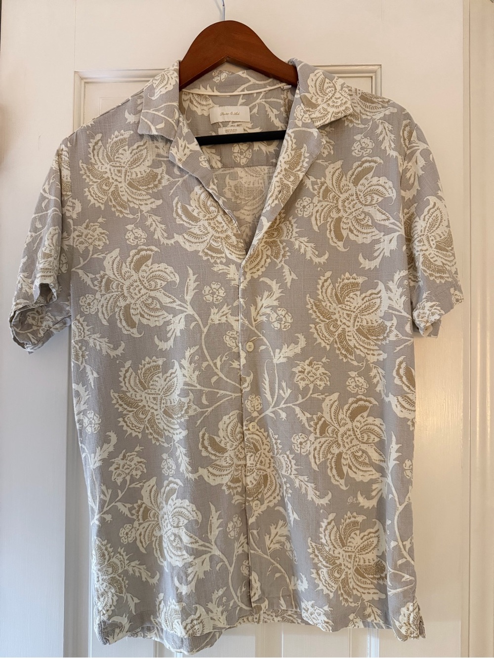 Linen Blend Light Gray Floral Button-Down Shirt - Women's Short Sleeve
